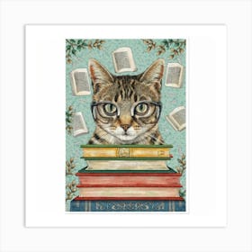 An art print featuring a detailed and whimsical portrait of a cat wearing glasses, surrounded by books and literary elements, capturing the charm of a feline book lover. This playful and delightful art print is ideal for cat enthusiasts and book lovers, adding a touch of whimsy and coziness to home decor. Art Print
