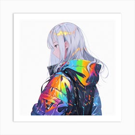 Anime Girl In Rainbow Jacket Art Print