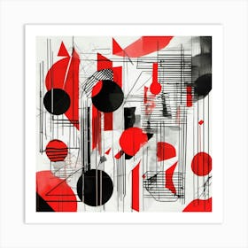 A collage of various abstract shapes and lines, with red accents, on white paper, composition includes black ink and bold strokes, creating an urban feel Art Print