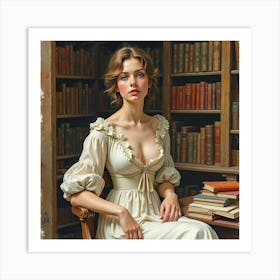 Elegant Watercolor Of An Italian Woman In A Historic Library Surrounded By Books Art Print