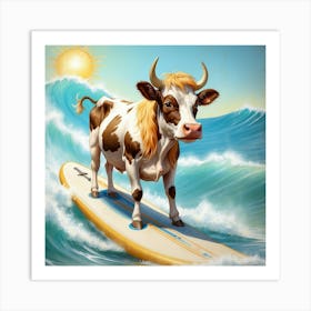 Cow On Surfboard Art Print