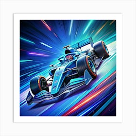 A Blue Formula One Race Car Speeding On A Track With Bright Lights Art Print