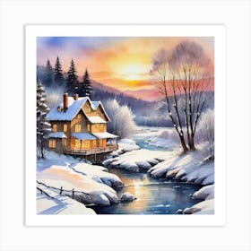 Winter House By The River Art Print