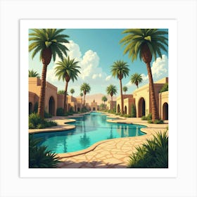 A Serene Oasis With Palm Trees And Traditional Egyptian Houses 1 Art Print