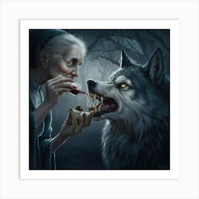 Old Woman Feeding Wolf Art Print