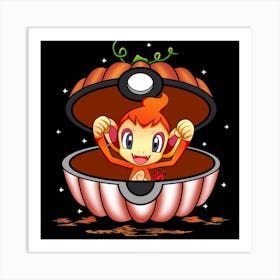 Chimchar In Pumpkin Ball - Pokemon Halloween Art Print