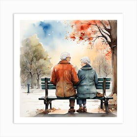 Old Couple Sitting On Park Bench 1 Art Print