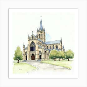 Watercolor Painting Of The Coventry Cathedral, Featuring Its Modern And Traditional Architectural Elements Art Print