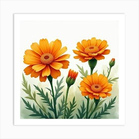 Bright Marigolds Blooming In A Watercolor Garden Scene Art Print