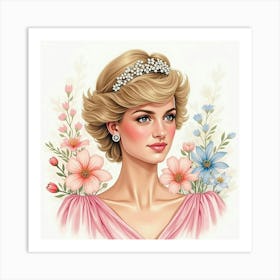 Princess Diana In Soft Watercolor With A Background Of Colorful Blossoms Art Print