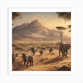 Elephants In The Savannah Art Print