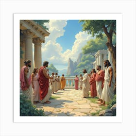 Watercolor The Gods And Mythical Beings Of Ancient Greece In A Grand, Enchanting Scene 1 Art Print