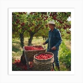 Farmer Picking Cherries In An Orchard Art Print