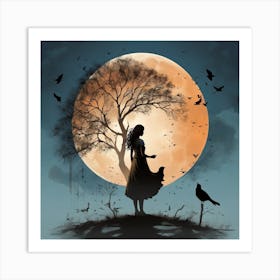 Shadow of the girl with the tree near the full moon Art Print