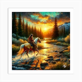 Cowboy Riding Across A Stream 8 Copy Art Print