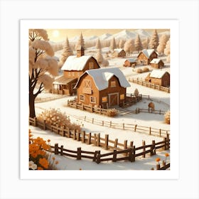 A Stylized, Wintery Scene Of A Small Village With Snow Covered Wooden Houses, Barns, Fences, And Trees Art Print