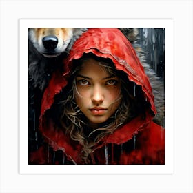 Watercolor Little Red Riding Hood With Yellow Eyed Wolf Behind Studio Photography Art Print