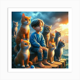 Boy And His Cats Art Print