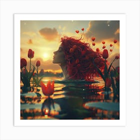 Tulip Woman In Sunset Pond Art Print