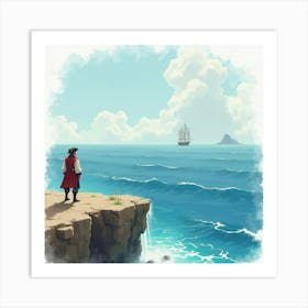 Pirate Captain Standing On A Cliff Overlooking The Sea, Watercolor Effect 1 Art Print