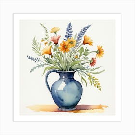 Watercolor Flowers In A Blue Vase Art Print