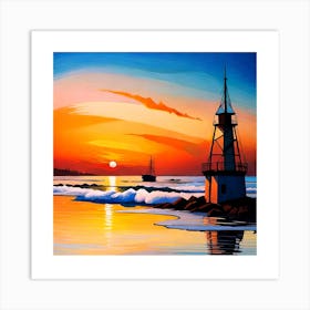 Lighthouse At Sunset Art Print