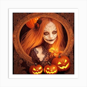 Halloween Girl With Pumpkins Art Print