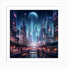 The Metropolis Of Tomorrow Neon Lit Skyscrapers 1 Art Print