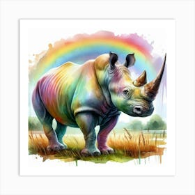 Rainbow Rhino in water color Art Print