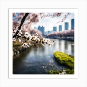 Cherry Blossoms By The River Art Print