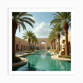 A Serene Oasis Surrounded By Palm Trees And Ancient Statues Of Egyptian Deities 1 Art Print