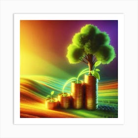 Tree Growing From Stacks Of Coins Art Print