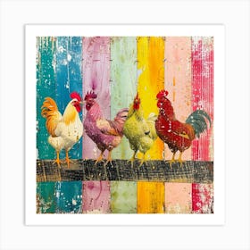 Kitsch Chickens On A Fence Rainbow Collage Art Print