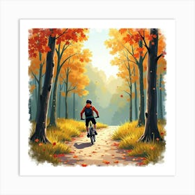 Mountain Bike On A Forested Trail With Autumn Leaves Watercolor 1 Art Print