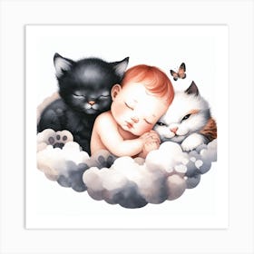 Baby Sleeping On Clouds With Cats Art Print