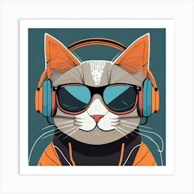 Cat With Headphones Art Print