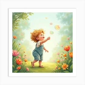 Toddler Chasing Bubbles In A Dreamy Watercolor Garden Art Print