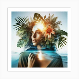 Double Exposure Tropical Dreamscape Portrait Of A Woman On The Beach Art Print