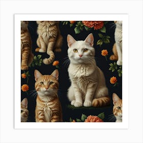 Cats And Flowers Art Print