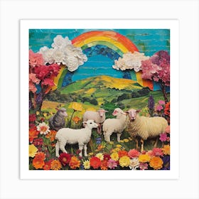 Rainbow Retro Sheep Collage 2 Art Print
