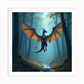 Mystical Dragon Flying Above A Glowing, Enchanted Forest Art Print