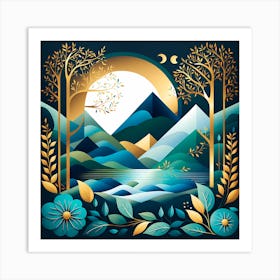 Landscape With Mountains And Flowers, vector art Art Print