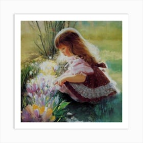 Little Girl Playing With Flowers Art Print