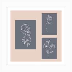 abstract beauty floral woman and flower line drawing wall art poster Art Print