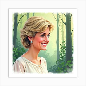 Watercolor Forest Backdrop With A Smiling Princess Diana In Soft Pastels 1 Art Print