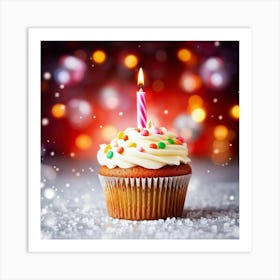 Birthday Celebration Cupcake Adorned With Vibrant Hued Frosting Single Candle Alight Casting A So (5) Art Print