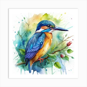 Watercolor Kingfisher Perched On Branch Art Print