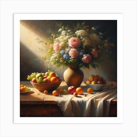 Still Life With Fruits And Flowers Art Print