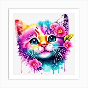 Colorful Cat With Flowers Art Print