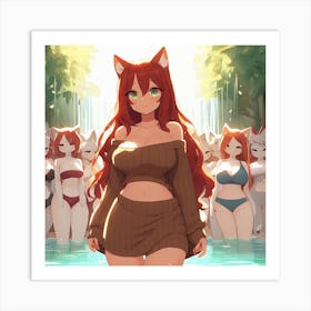 Bathing catgirls Art Print